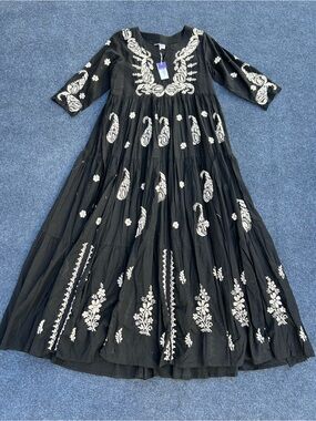 NWT Handprint Dream Apparel Embroidered Cotton Paisley Maxi Dress Medium